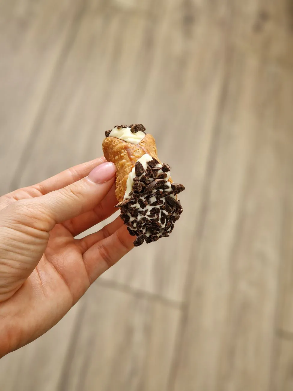 Chocolate chip cannoli held in hand