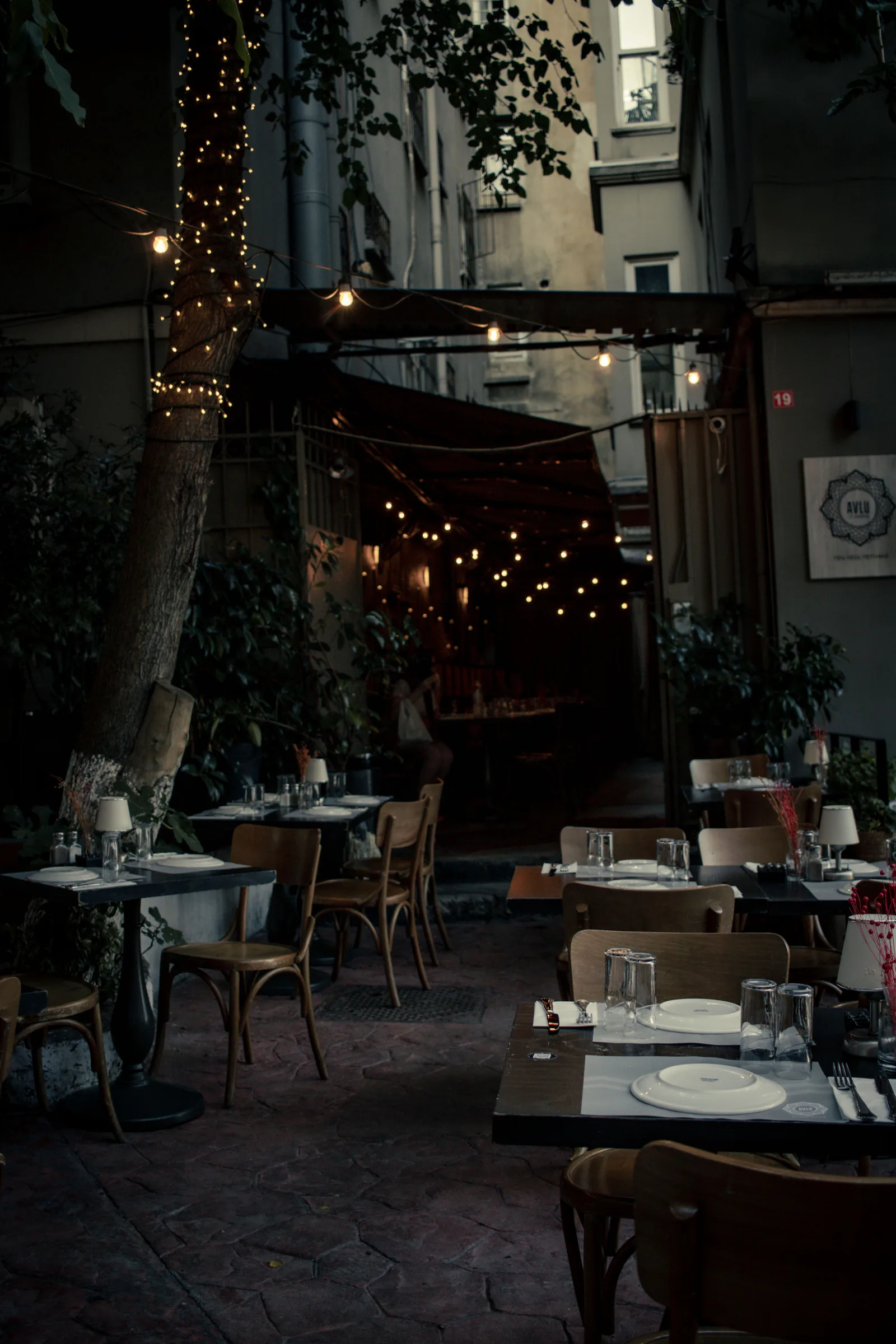 Patio string lights at night