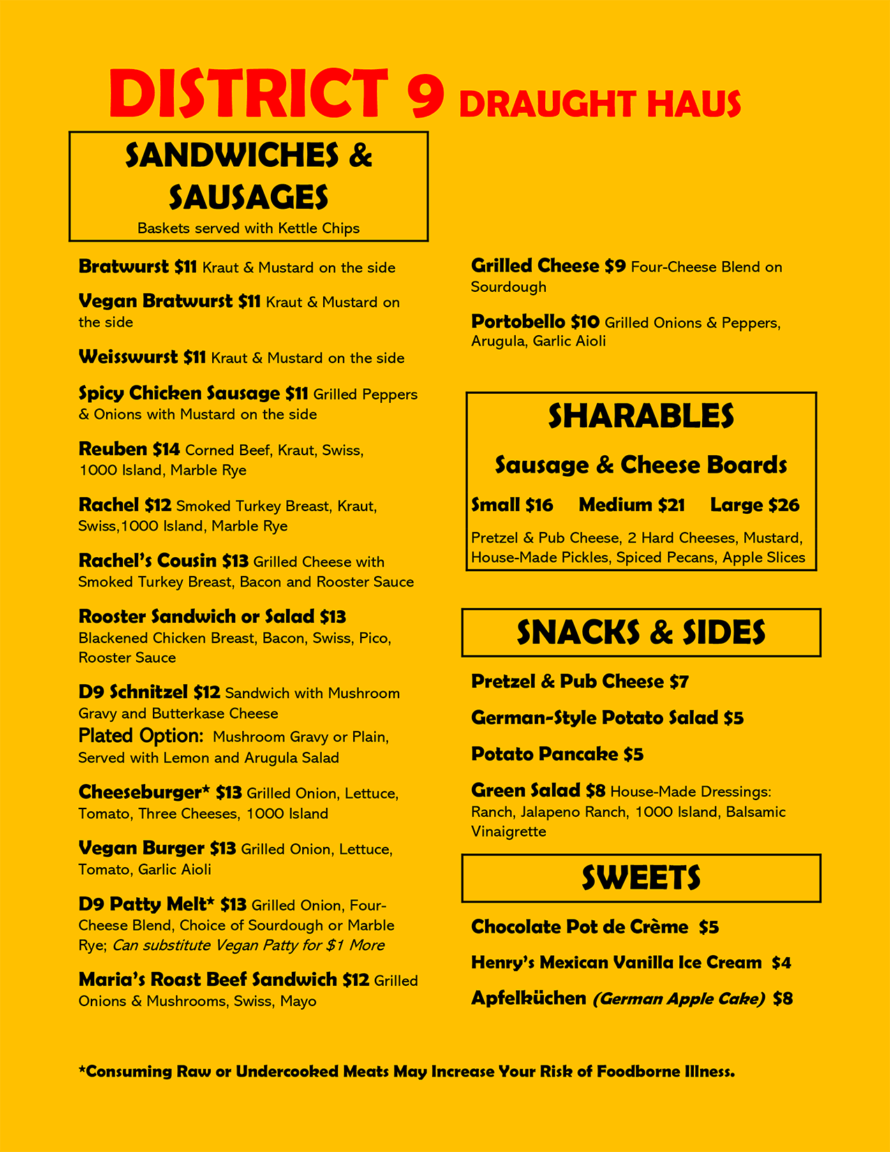 District 9 Draught Haus full food menu