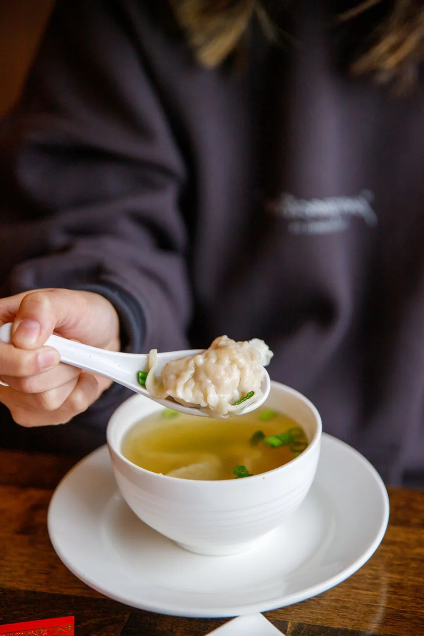 A spoon lifting chicken and dumplings from the pot