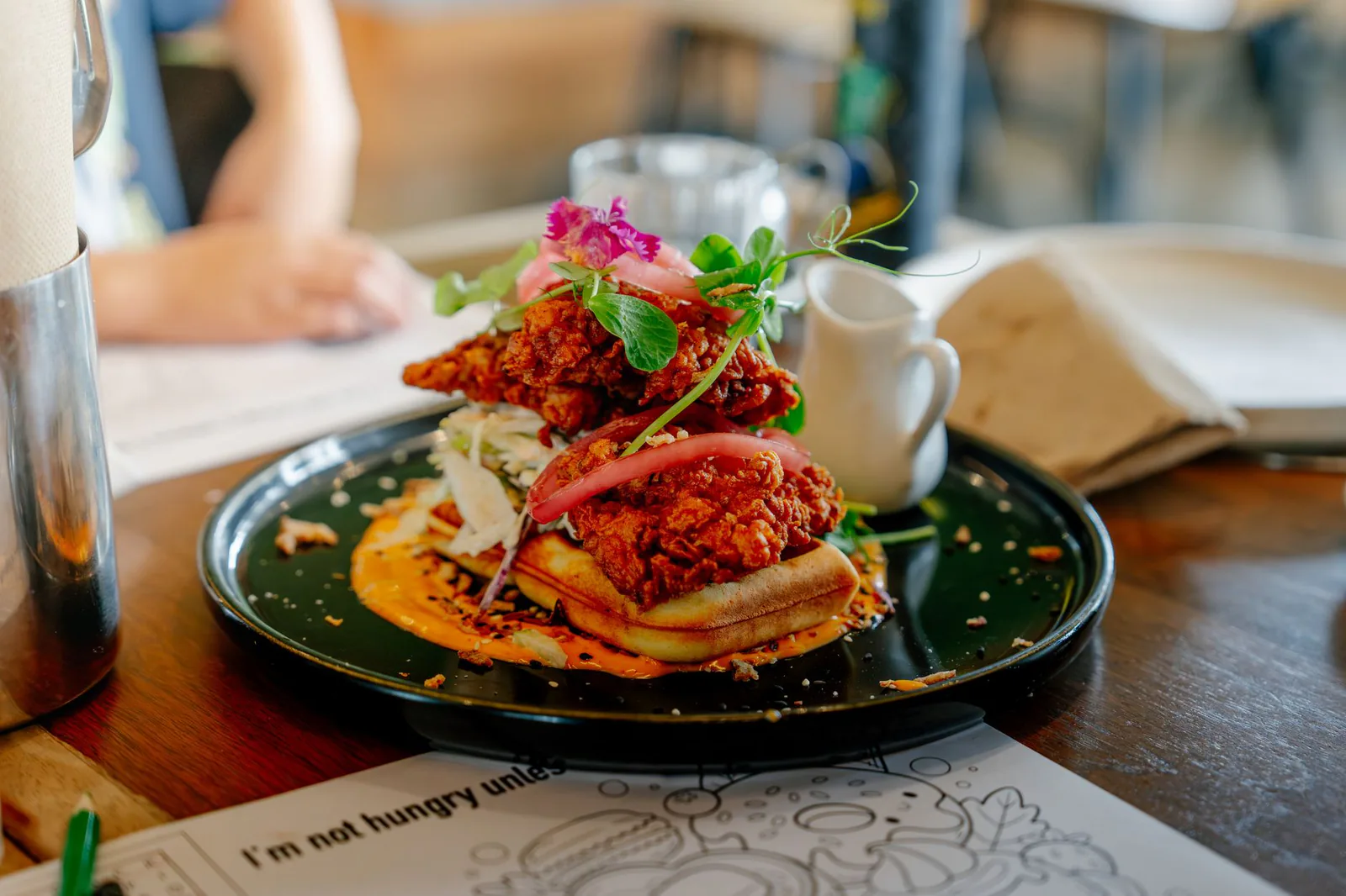 Fried chicken and waffles fresh off the pass