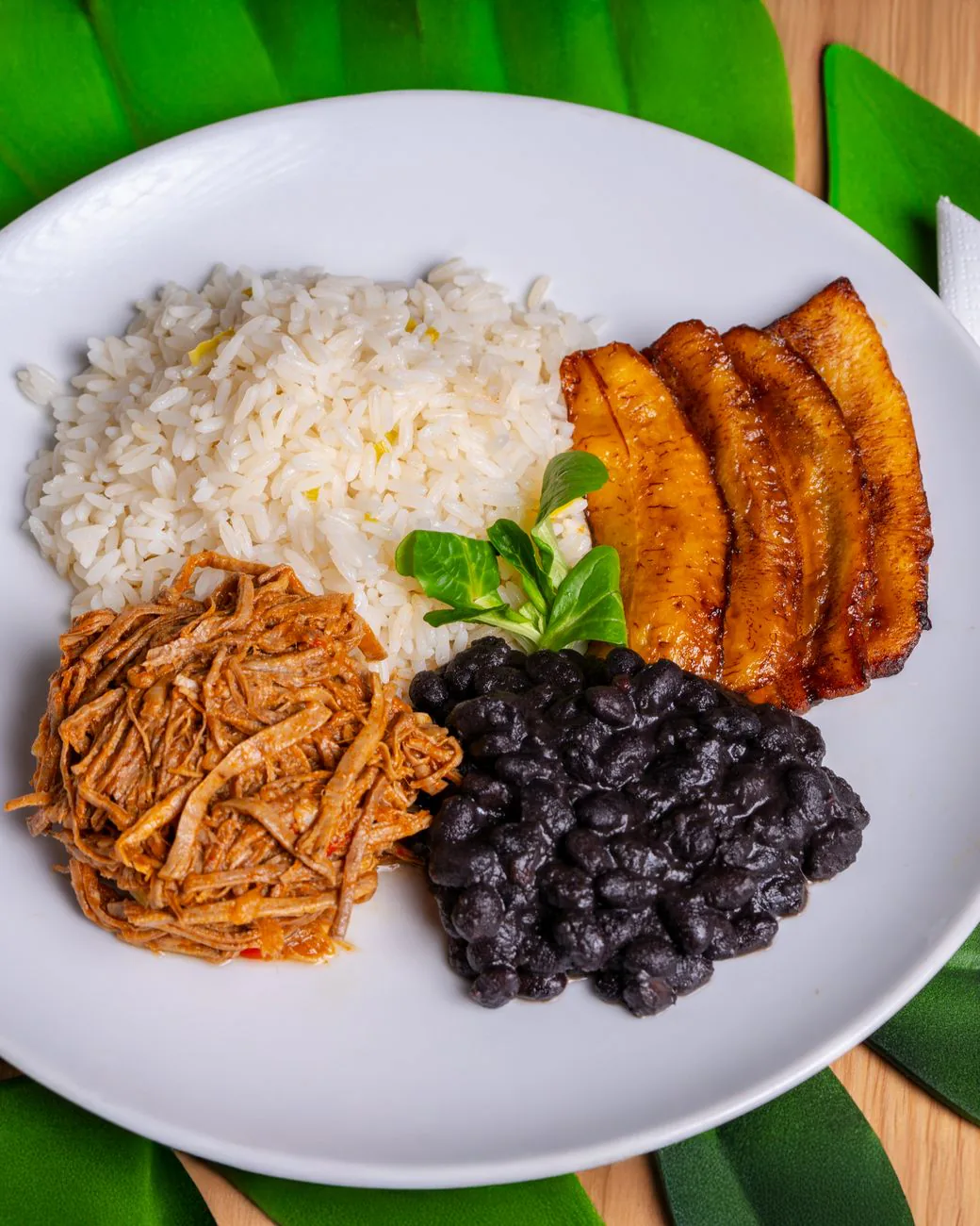 Ropa vieja with rice, black beans, and plantains