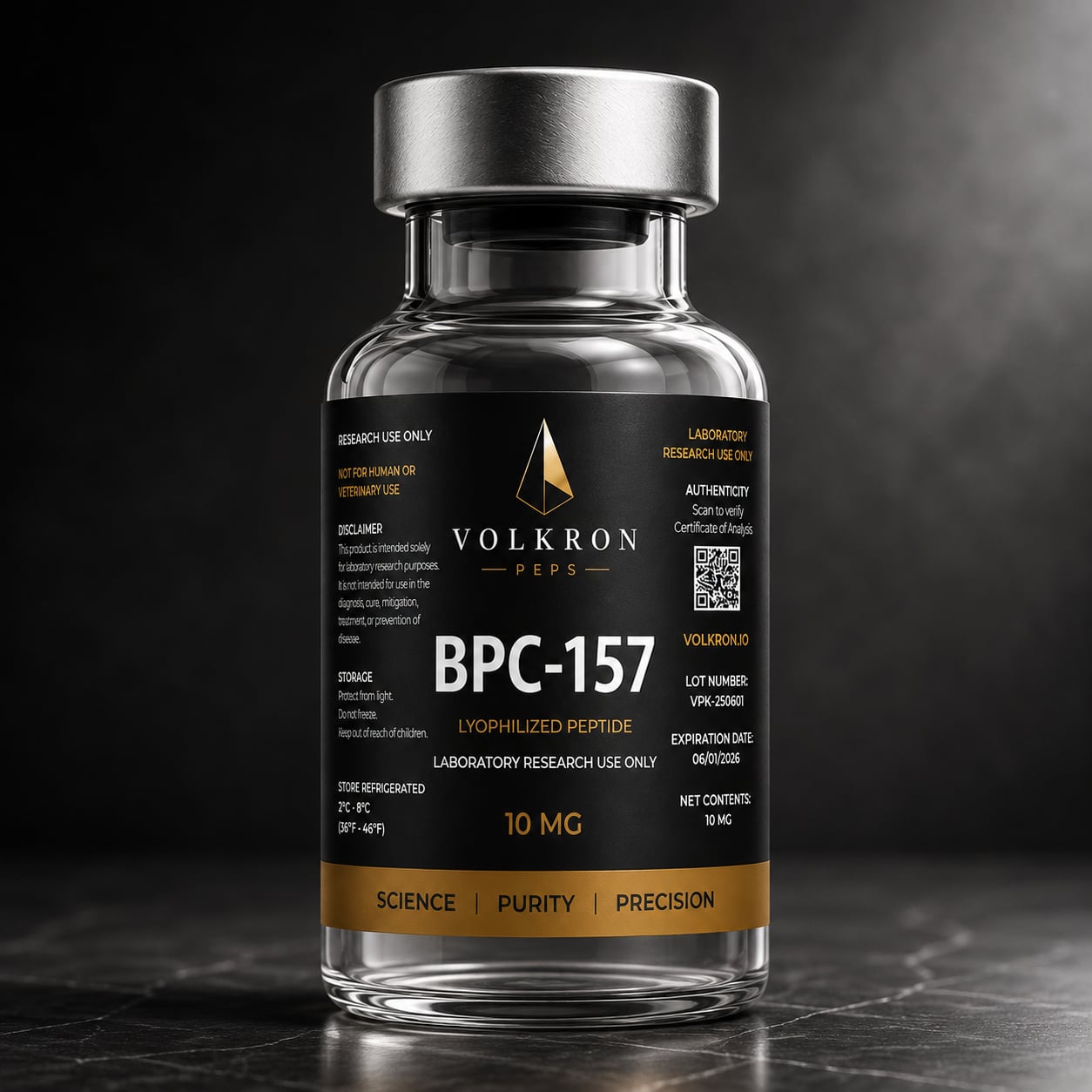 Volkron Peps peptide vial held in gloved hands