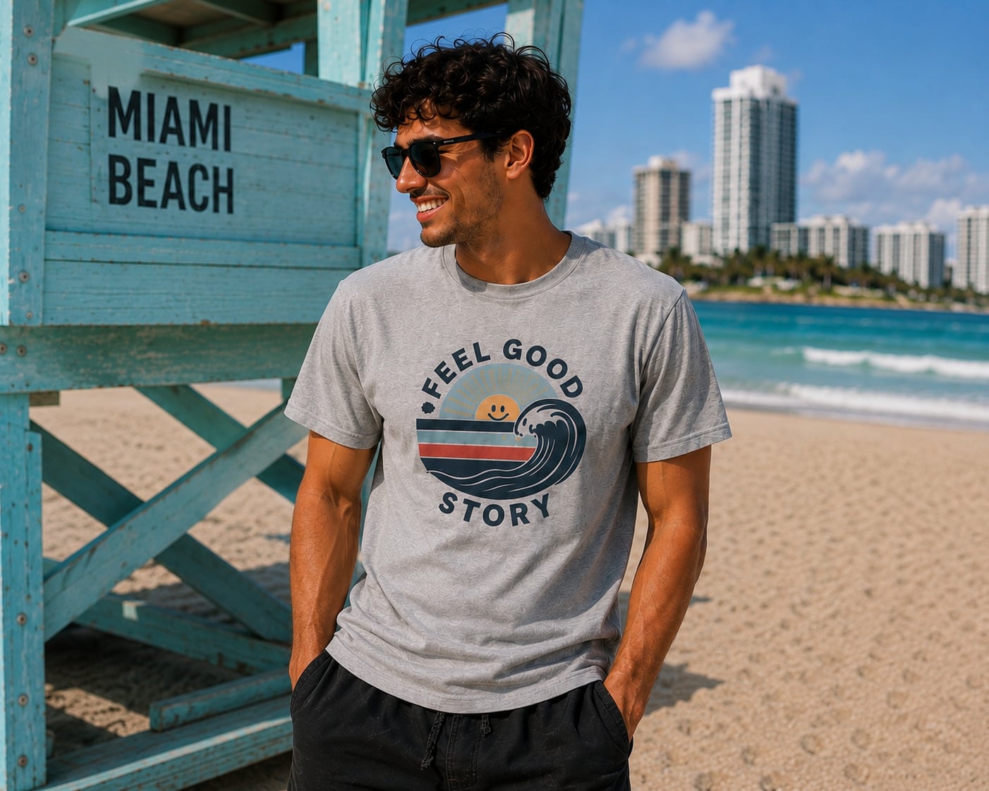 Feel Good Story branded t-shirt on Miami Beach