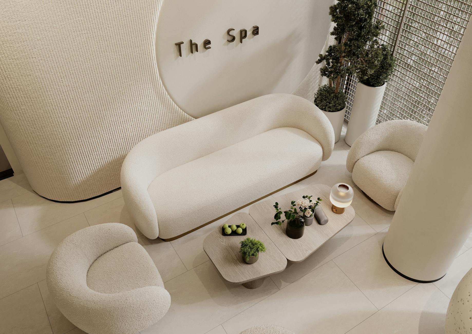 Luxury wellness lounge with warm neutral tones and premium furnishings