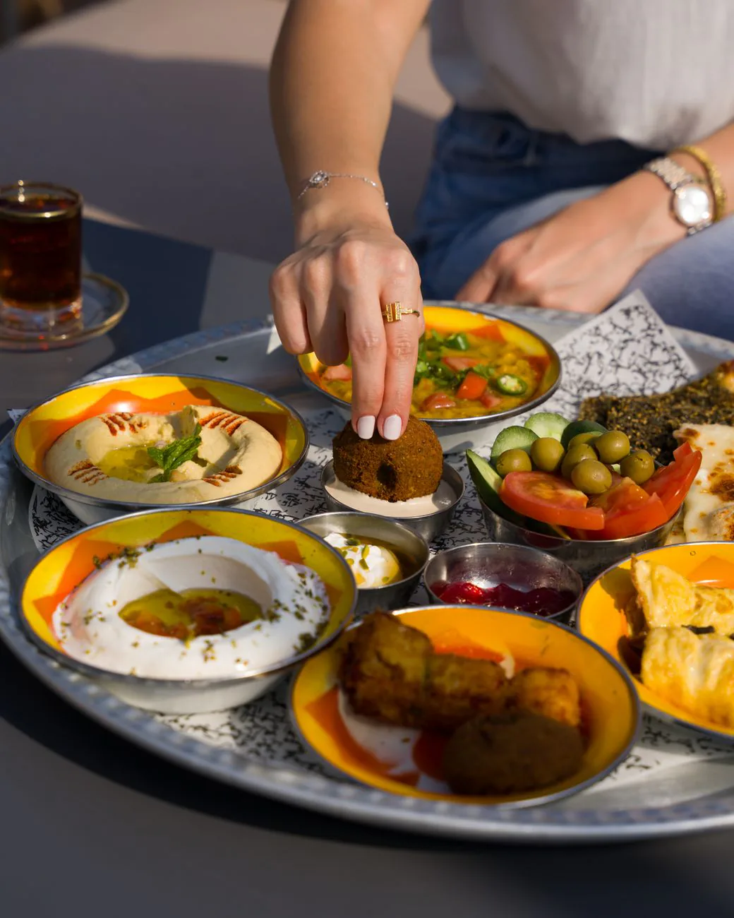 Mezze platter with falafel, hummus and fresh vegetables