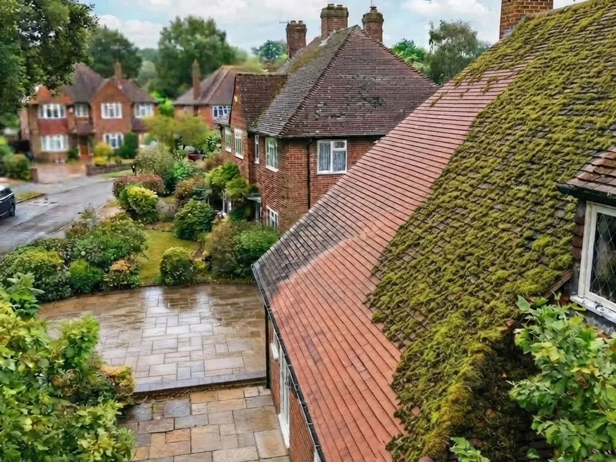 Roof and gutters being cleaned of moss and debris
