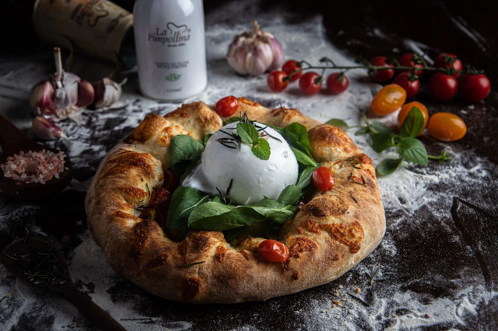 Bianco pie with fresh mozzarella and greens