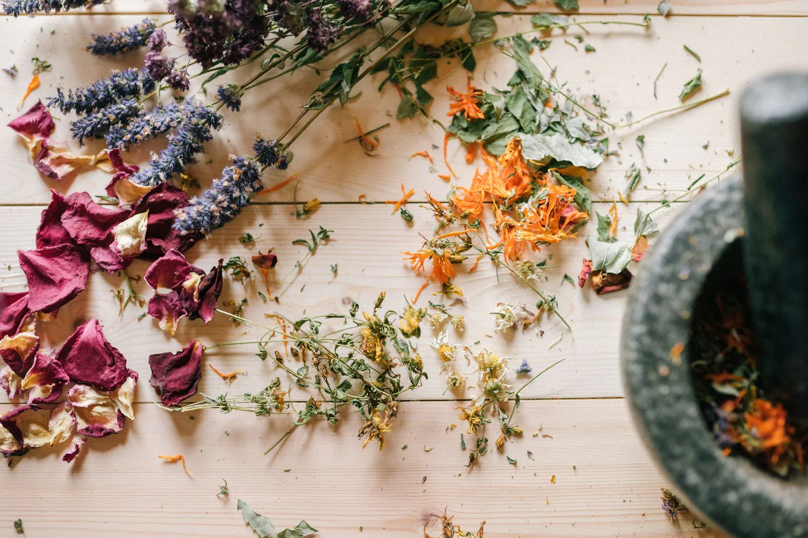 Dried herbs and flowers arranged with a stone mortar and pestle