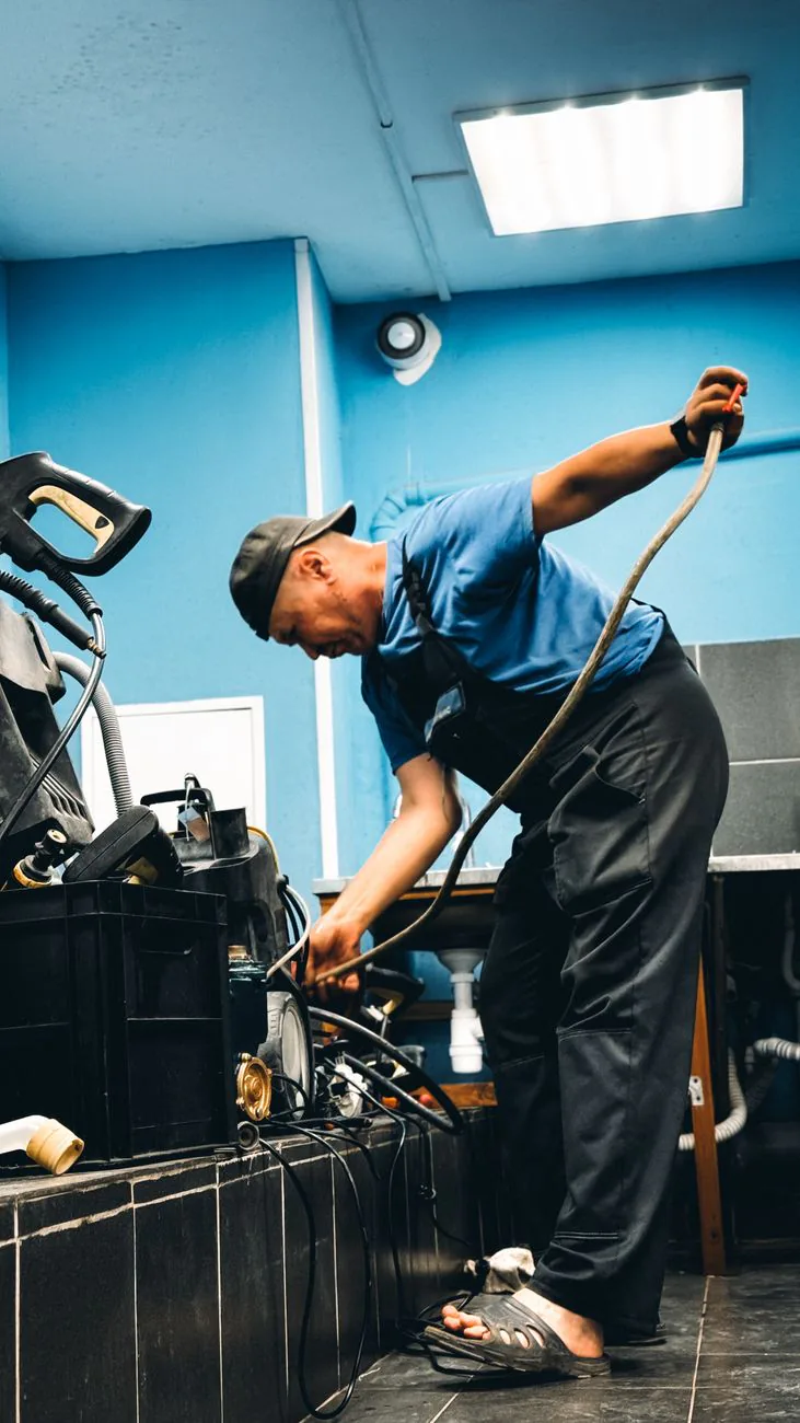 SDL Plumbing technician reviewing a repair in a home utility space