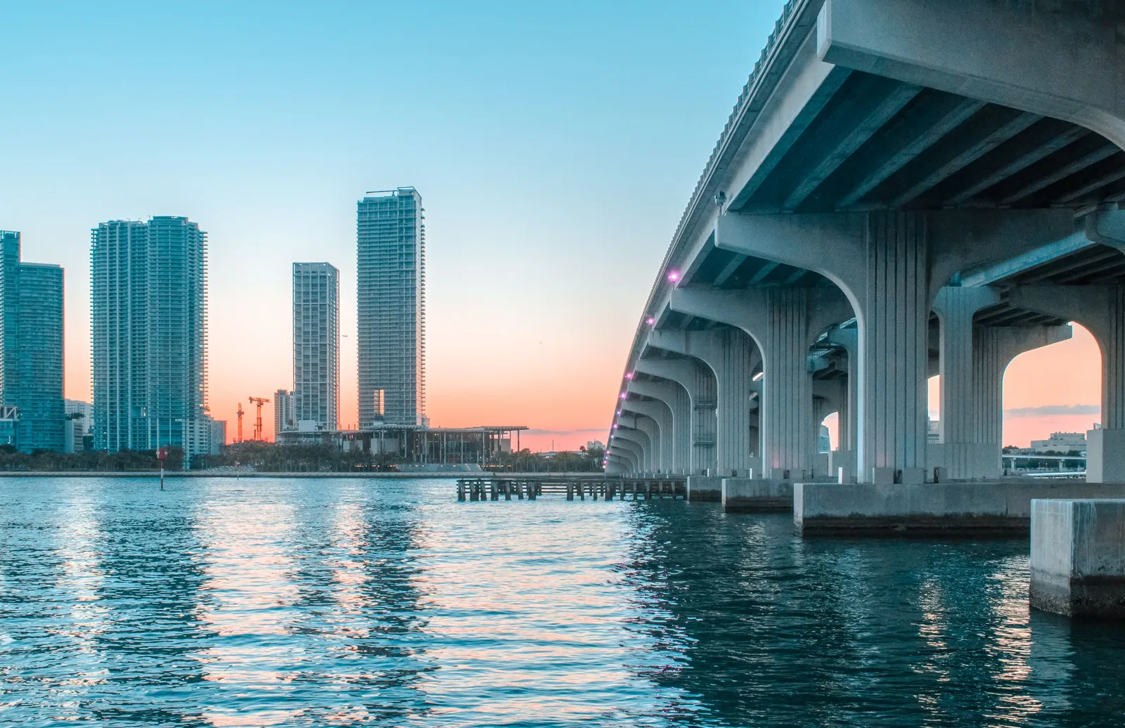 Miami skyline and bay at dusk